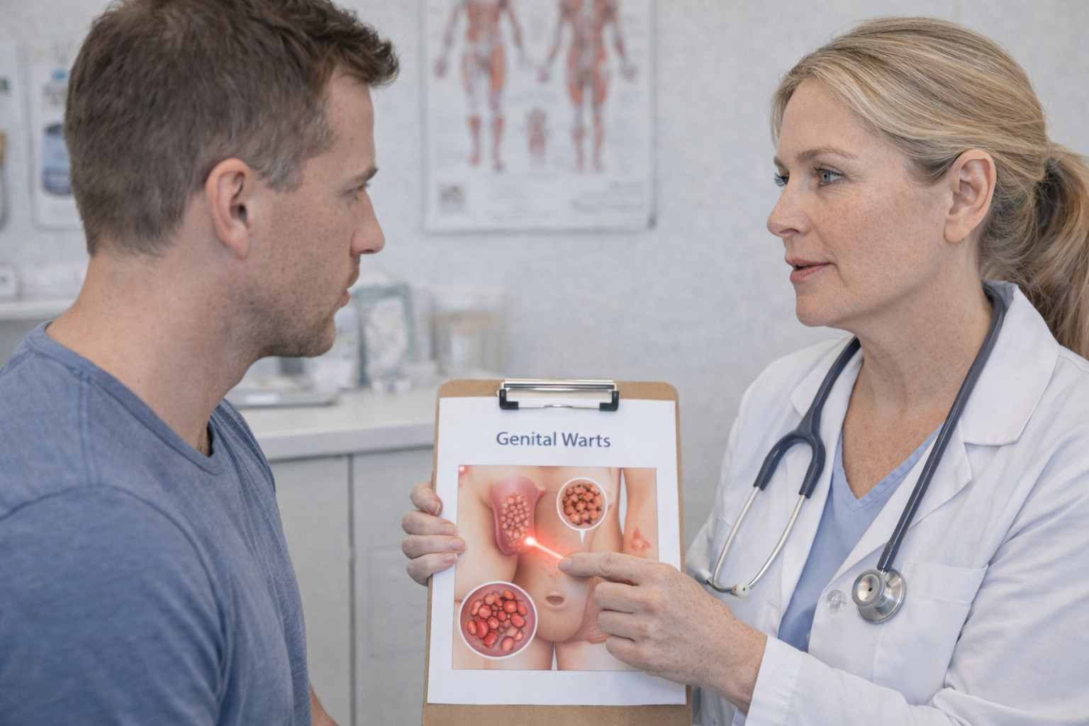 Close-up medical illustration of genital warts symptoms