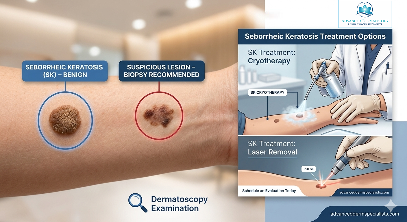 dermatologist examining seborrheic keratosis growths
