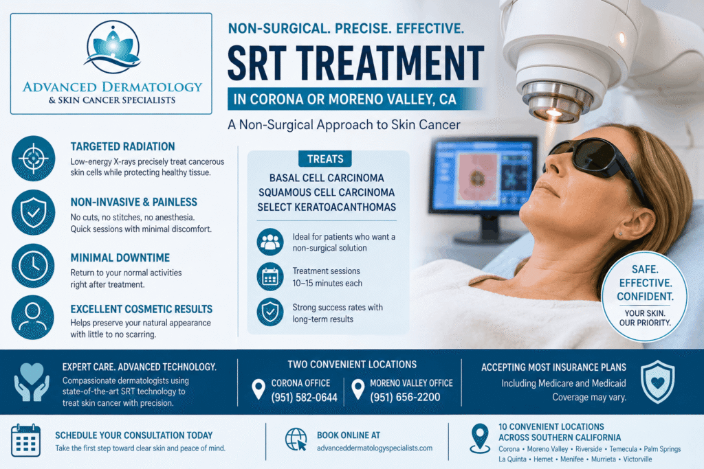 Patient receiving Superficial Radiation Therapy (SRT) for non-melanoma skin cancer at a dermatology clinic in Moreno Valley, California.