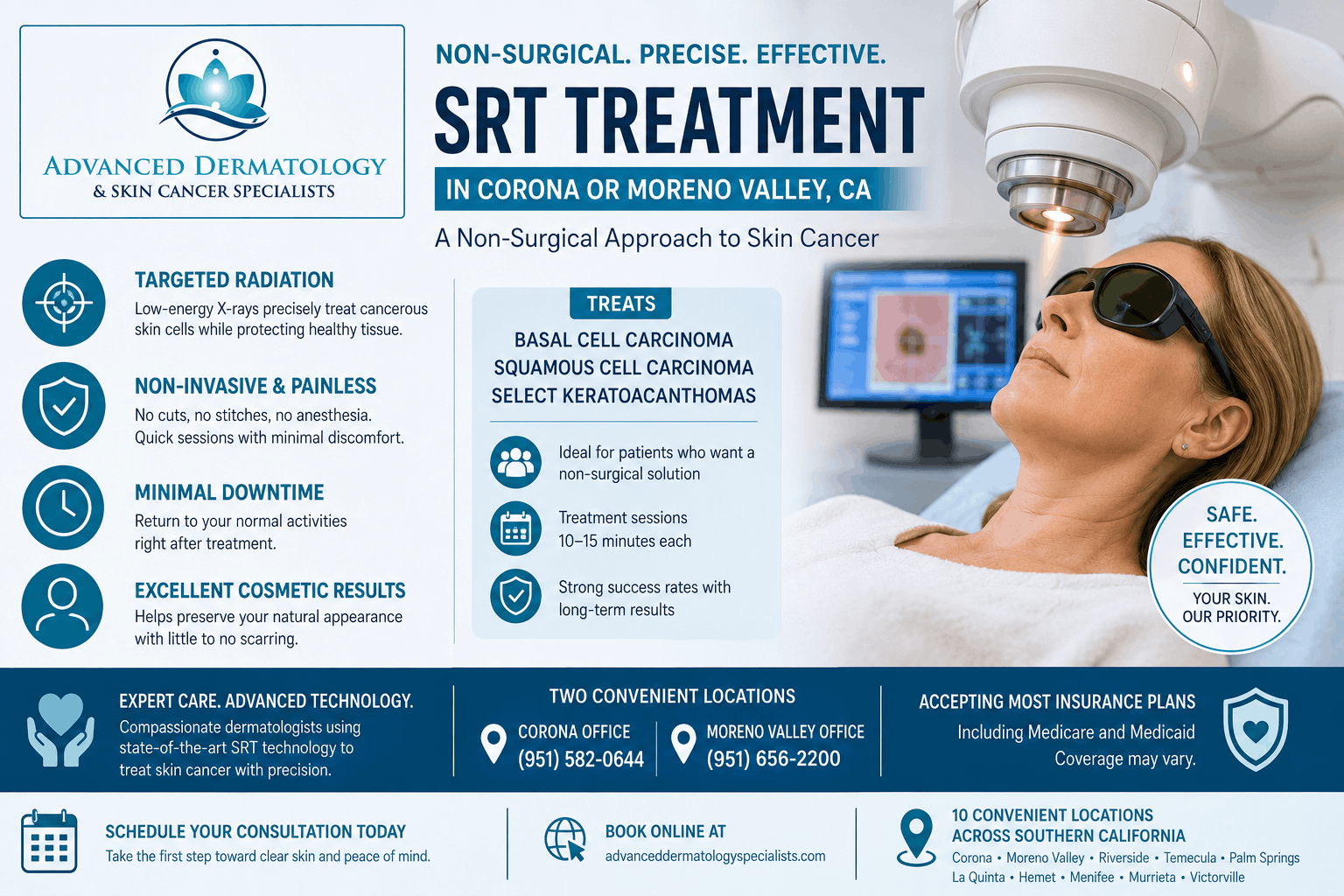 Patient receiving Superficial Radiation Therapy (SRT) for non-melanoma skin cancer at a dermatology clinic in Moreno Valley, California.