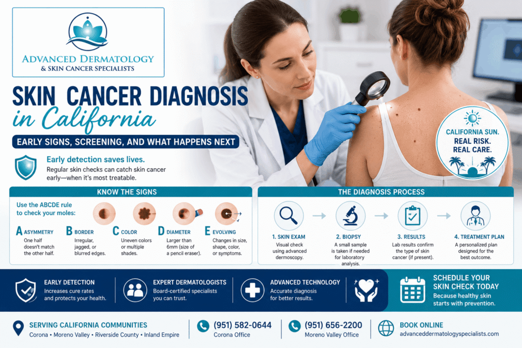 Dermatologist performing a skin cancer screening on a patient during a comprehensive skin examination in California.