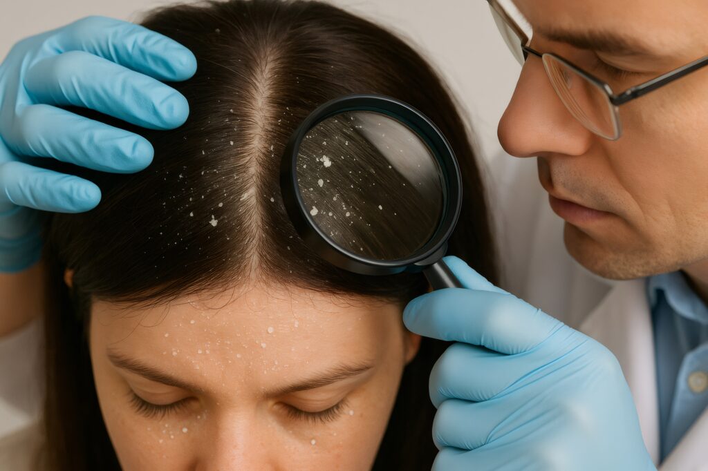 Dermatologist examining patient's hair and scalp with magnifying glass, searching for dandruff and seborrheic dermatitis