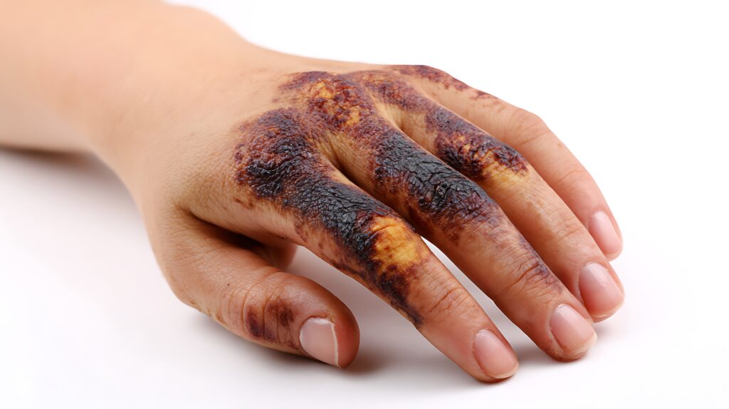 horrible burns on female hand isolated on