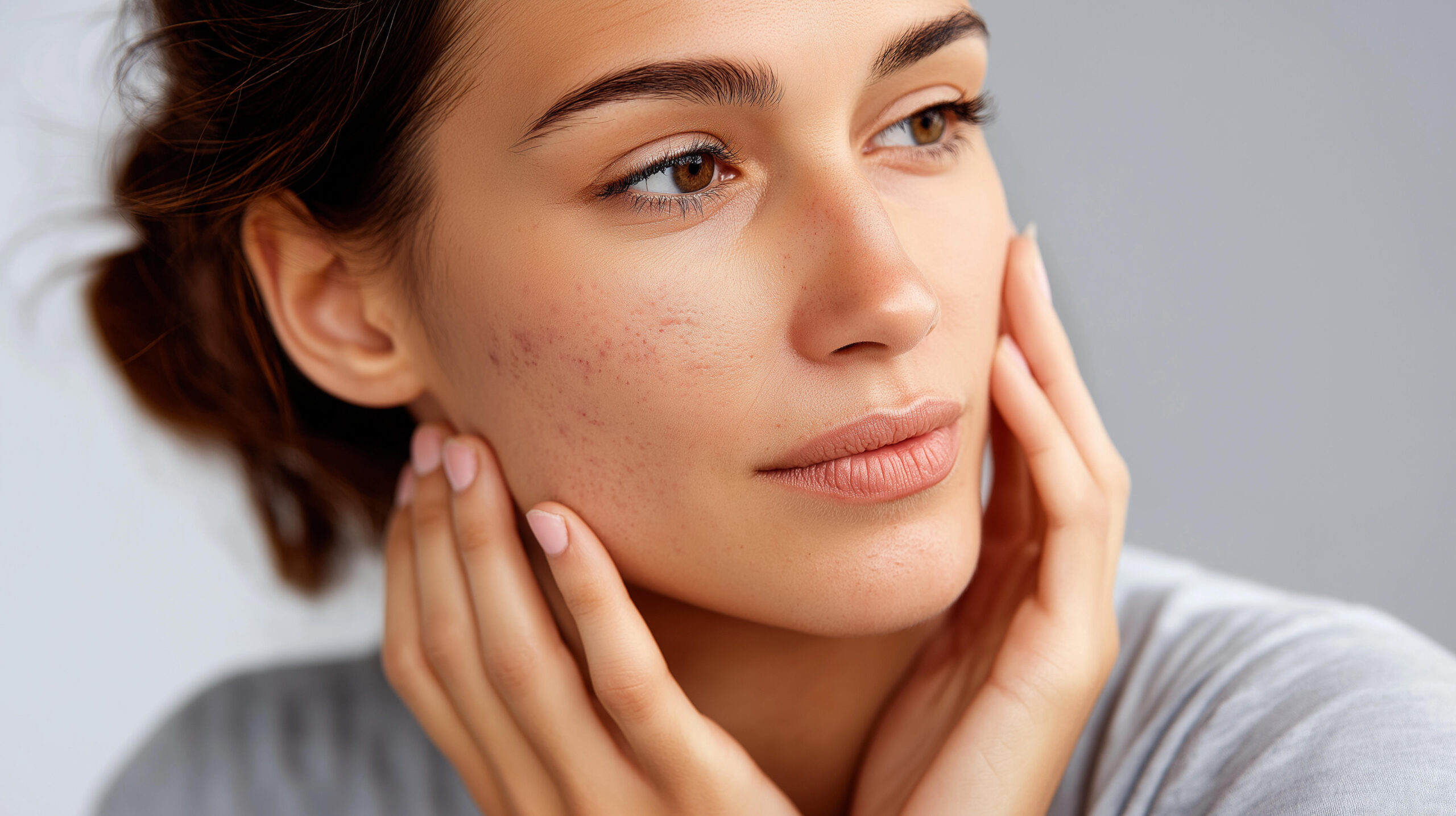 Close-up of a person's face showing skin texture with acne, reflecting the need for skincare solutions and dermatology awareness concept, defocused background, with copy space