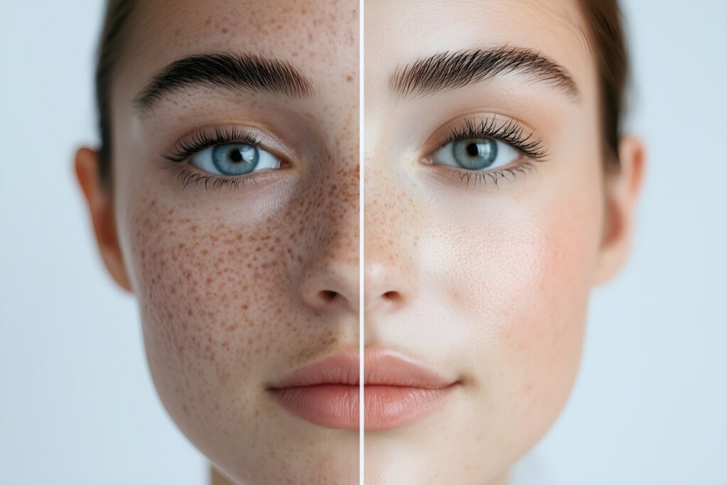 Close-up split-face image of a young woman's face, showing one side with freckles and hyperpigmentation, the other side with a smoother, lighter complexion. The image highlights a before-and-after effect, possibly illustrating a cosmetic treatment.