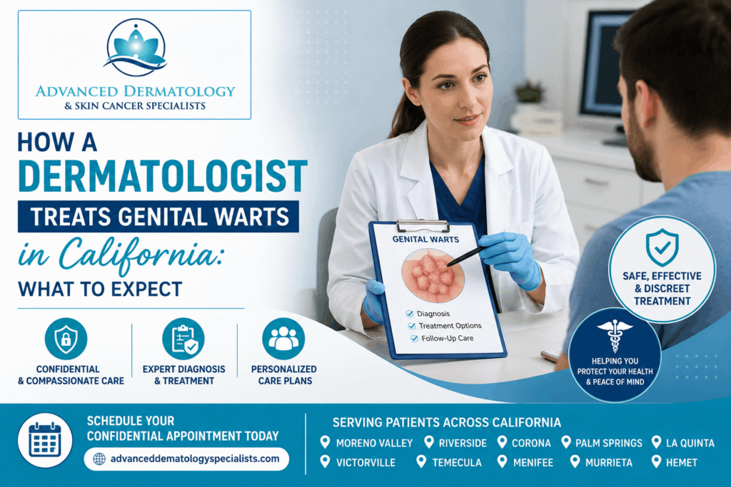 Dermatologist examining a patient for genital warts during a confidential HPV consultation in Southern California.