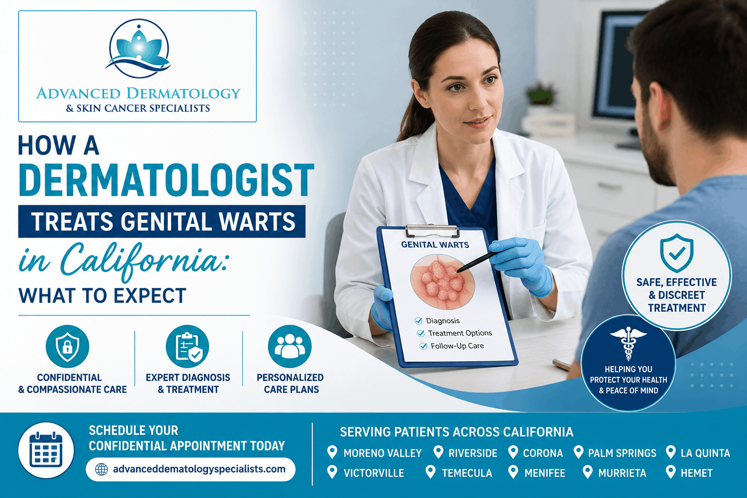Dermatologist examining a patient for genital warts during a confidential HPV consultation in Southern California.
