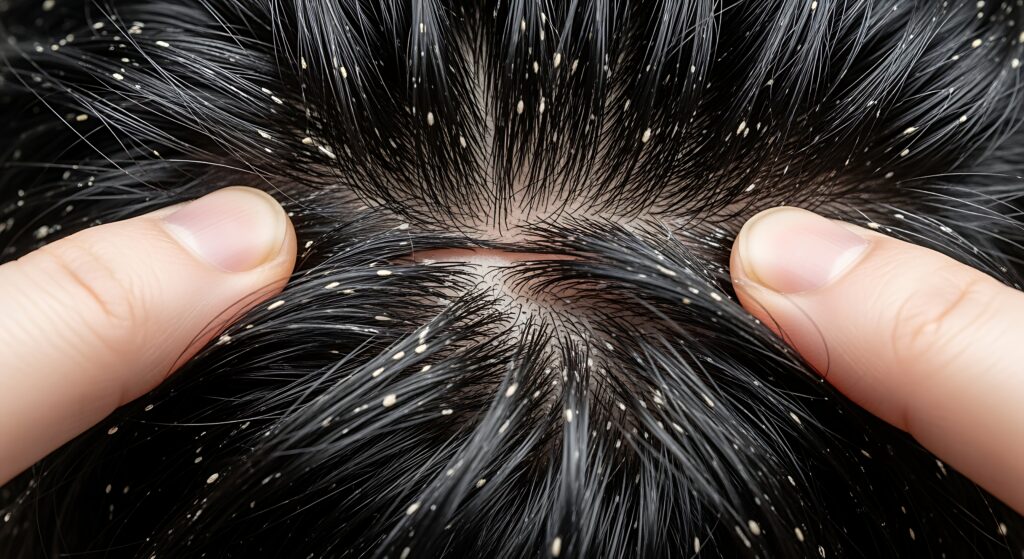 Close-up of human hair heavily infested with nits (lice eggs) on the scalp, revealing a severe head lice problem.