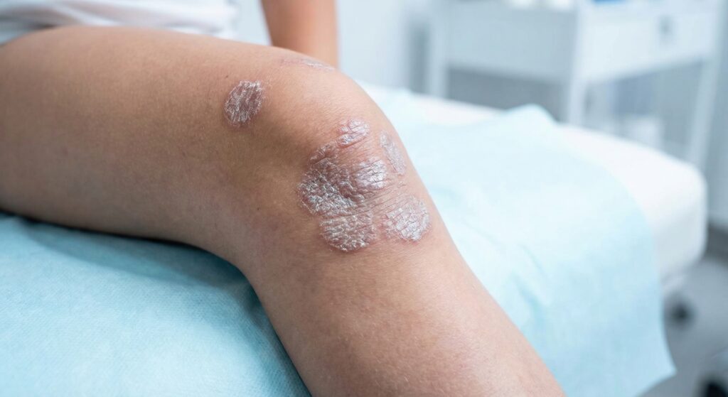 Close-up macro photography of silver-colored scaly psoriasis patches on a child's knee in a clean clinical environment, showing skin texture for medical diagnosis.