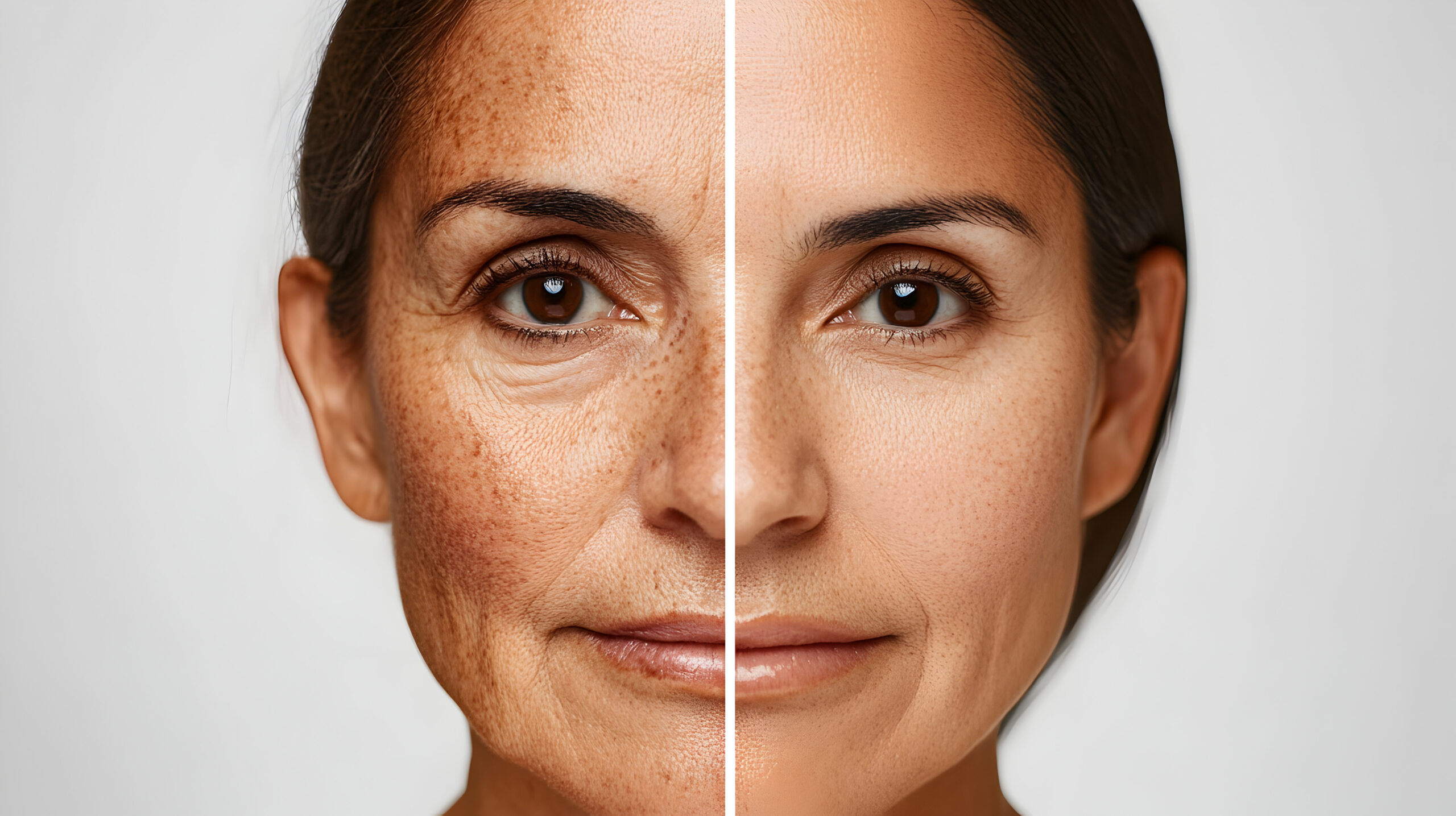 Comparison of a woman's face revealing the impact of skin treatment. One half shows spots and the other half clear.