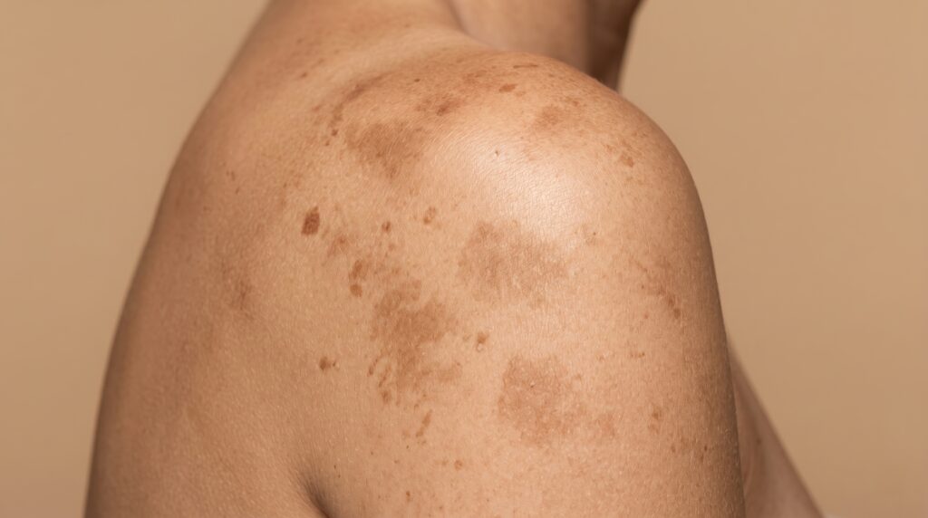 Close-up of Sun Damage and Hyperpigmentation Spots on Human Shoulder