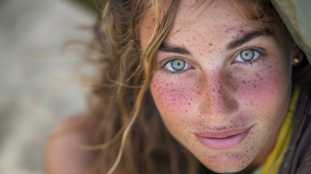 portrait of a woman with bright green eyes and a lot of freckles and sun damage on her skin