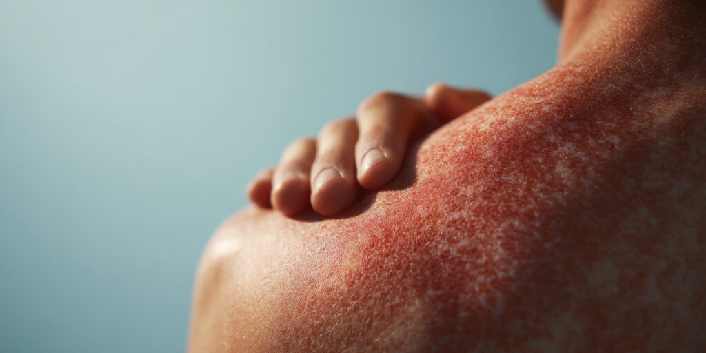 Close-up of sunburned skin texture, red and inflamed, showing the effects of excessive sun exposure, highlighting the importance of sun protection